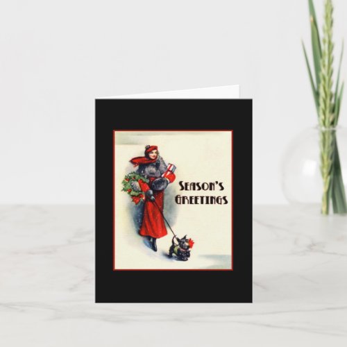 Woman in red coat shopping with Scottish Terrier Holiday Card