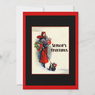 Woman in red coat with Scottish Terrier Open House Invitation