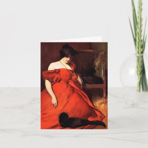 Woman in Red Gown with Black Cat Card