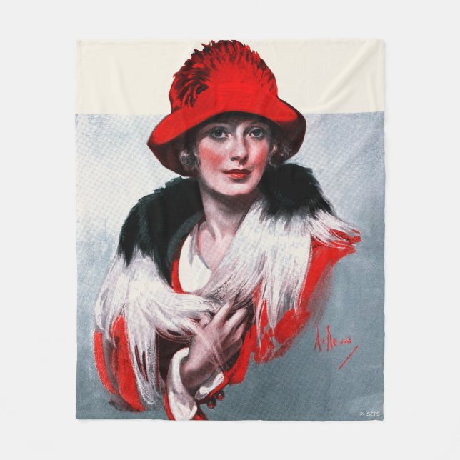 Woman in Red Hat Fleece Blanket (Front)