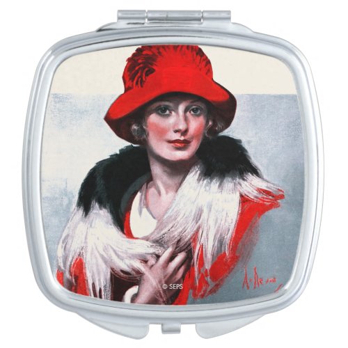 Woman in Red Hat Mirror For Makeup