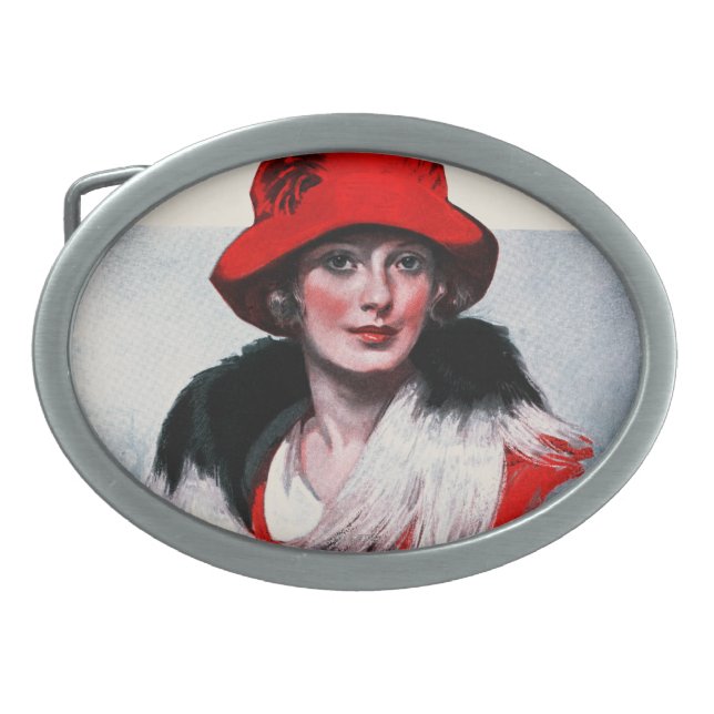 Woman in Red Hat Oval Belt Buckle (Front)