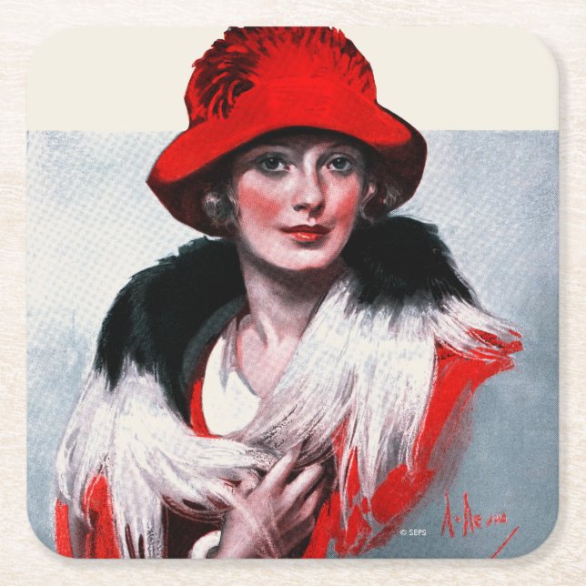 Woman in Red Hat Square Paper Coaster (Front)