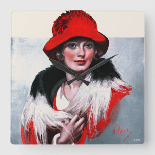 Woman in Red Hat Square Wall Clock