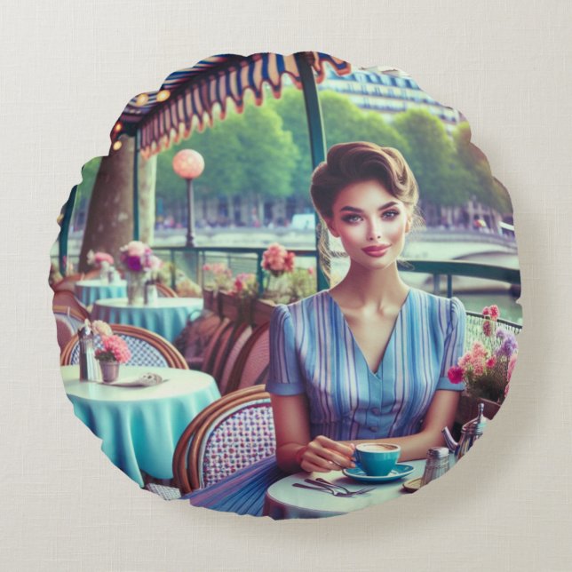 Woman in restaurant round pillow (Front)