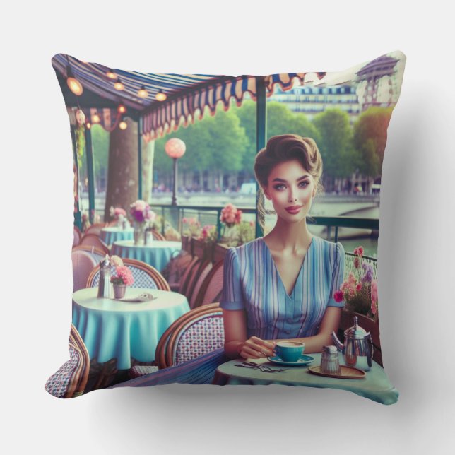 Woman in restaurant throw pillow (Front)