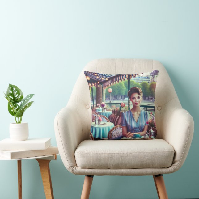Woman in restaurant Throw Pillow (Chair)