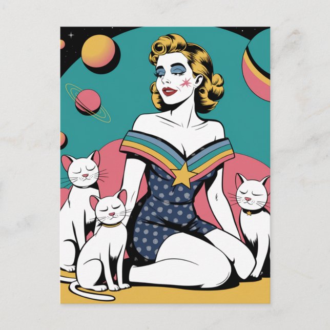 Woman in Space with Three White Cats Postcard (Front)