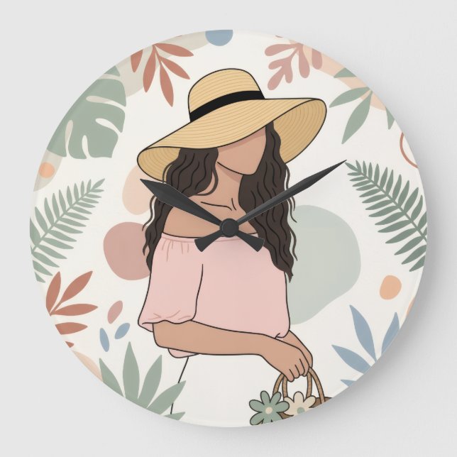 Woman in Straw Hat with Flowers Large Clock (Front)