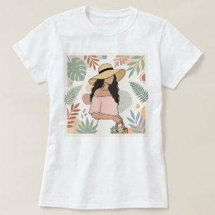 Woman in Straw Hat with Flowers T-Shirt