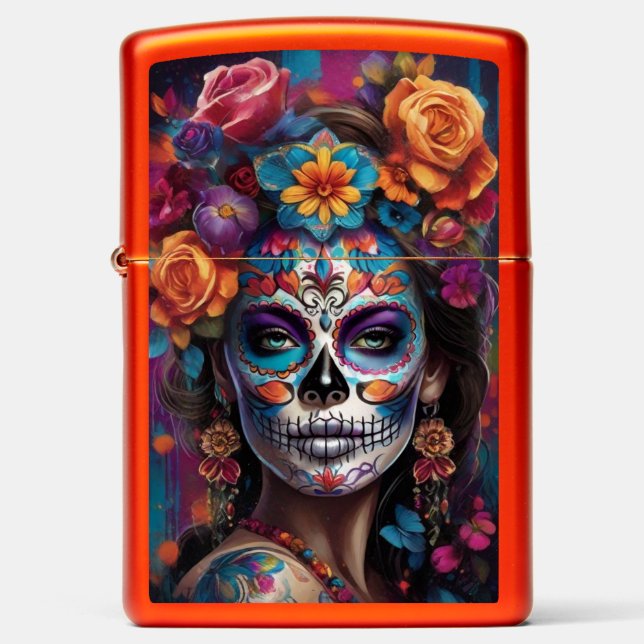 Woman in Stunning Sugar Skull Makeup Zippo Lighter (Front)