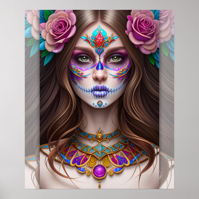 Woman in Sugar Skull Makeup Art Poster (Front)