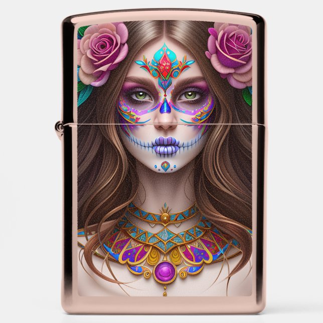 Woman in Sugar Skull Makeup Art Zippo Lighter (Front)