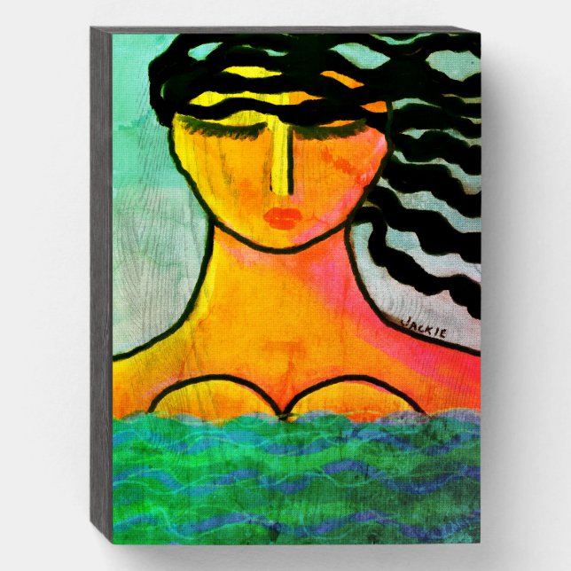 Woman in the Ocean Abstract Digital Painting Wooden Box Sign (Front Vertical)