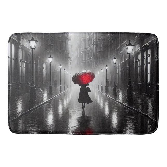 Woman In The Rain With Red Umbrella Bath Mat (Front)