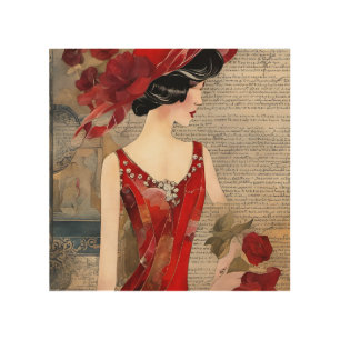 Woman in the Red Dress Collage Wood Wall Art
