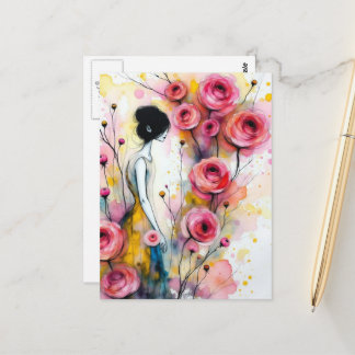 Woman In the Secrect Garden Pink Flowers Postcard