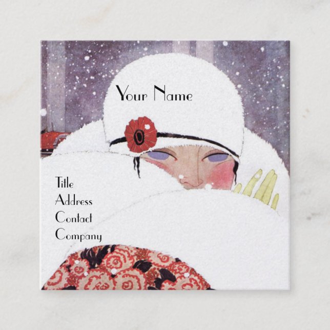 WOMAN IN THE SNOW,WINTER BEAUTY FASHION MONOGRAM SQUARE BUSINESS CARD (Front)