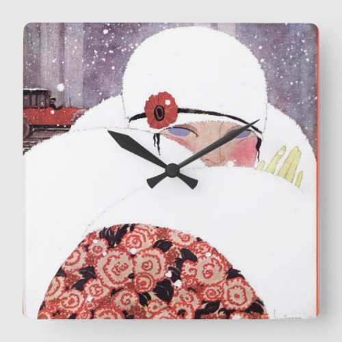 WOMAN IN THE SNOWWINTER BEAUTY FASHION SQUARE WALL CLOCK