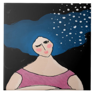 Woman in the Starlight Abstract Digital Painting Ceramic Tile