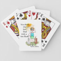 Woman in the summer sun remember a hot flash playing cards