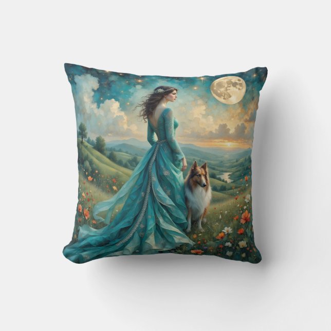 Woman in Turquoise Dress and Sable Rough Collie Throw Pillow (Front)