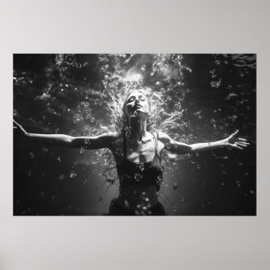 Woman in underwater dance B&W photo Poster