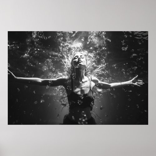 Woman in underwater dance BW photo Poster