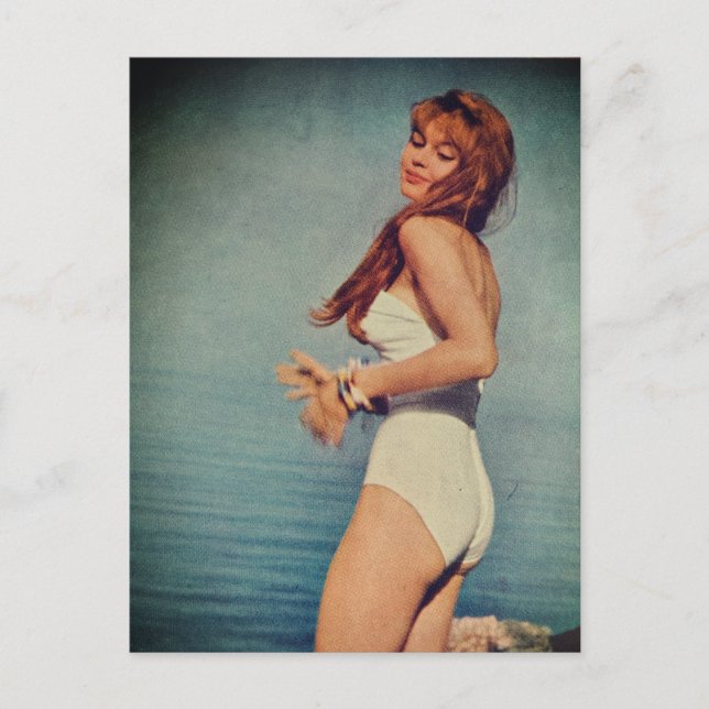 Woman in White Swimsuit on the beach in 1957  Postcard (Front)