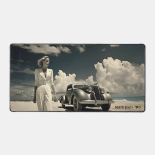 Woman in white walking on the beach in Miami Desk Mat