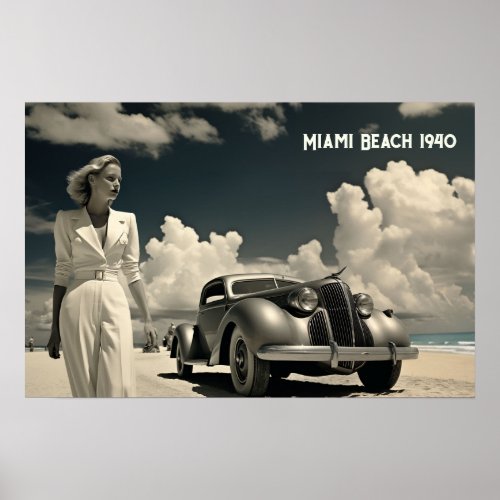 Woman in white walking on the beach in Miami Poster