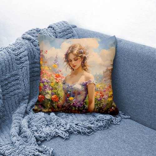 Woman in Wildflower Field Throw Pillow