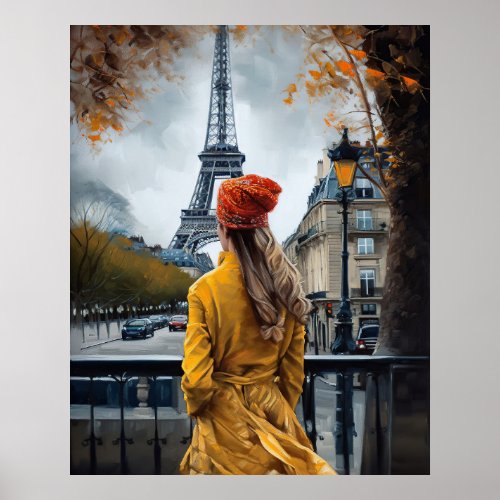 Woman in Yellow Bathrobe Admiring Eiffel Tower Poster