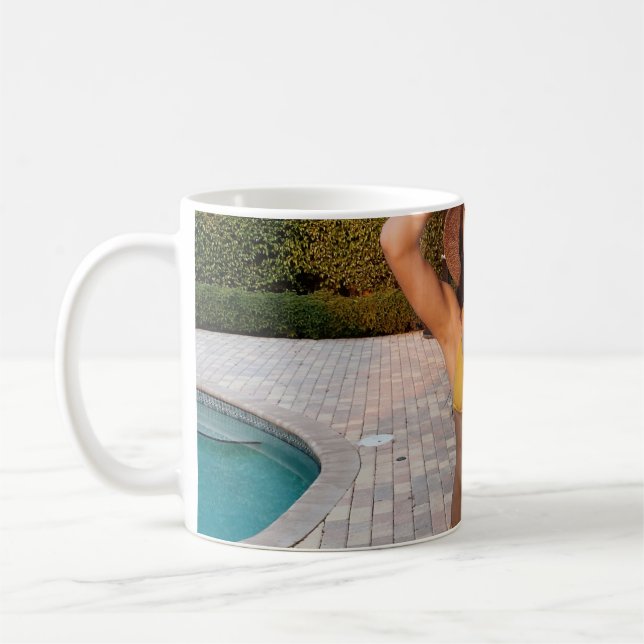 Woman in yellow bikini standing on brown brick flo coffee mug (Left)