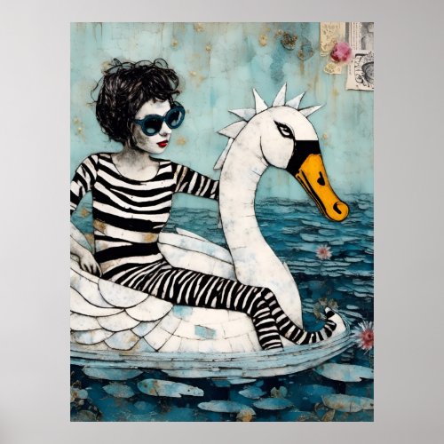 Woman In Zebra Striped Outfit on a Floating Swan  Poster