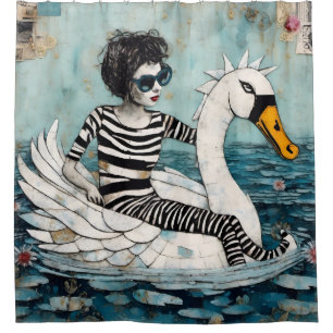 Woman In Zebra Striped Outfit on a Floating Swan  Shower Curtain