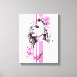 Woman ink portrait Pink Fashion illustration art Canvas Print