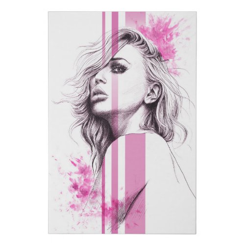 Woman ink portrait Pink Fashion illustration art Faux Canvas Print