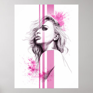 Woman ink portrait Pink Fashion illustration art Poster