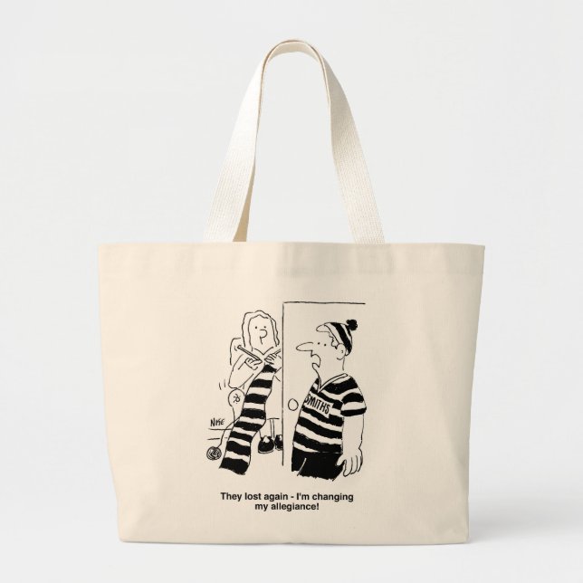 Woman is Knitting a Scarf for Football Fan Large Tote Bag (Front)