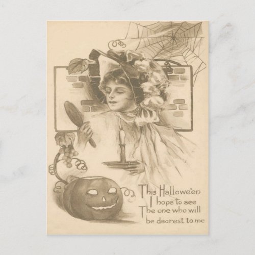 Woman Jack O Lantern Candle Spider Web Postcard