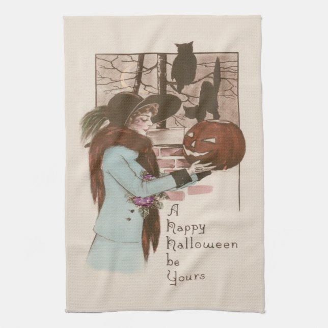 Woman Jack O' Lantern Pumpkin Owl Towel (Vertical)