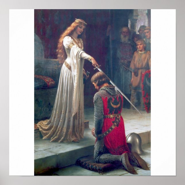 woman knight sword castle antique painting poster (Front)