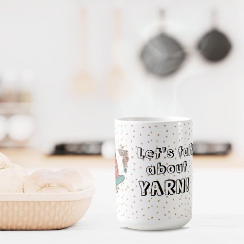 Woman knitting cat lets talk about yarn quote coffee mug