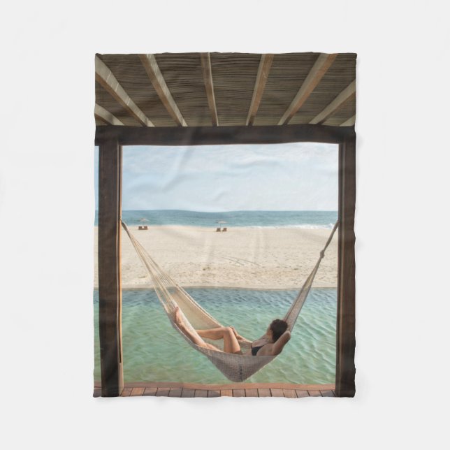 Woman Laying On A Hammock At A Small Hotel Fleece Blanket (Front)