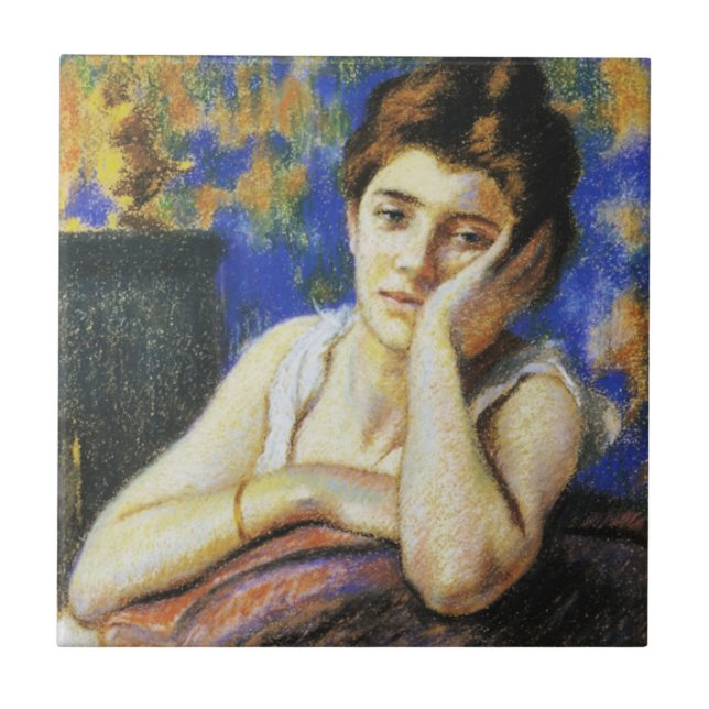 Woman Leaning on a Chair Ceramic Tile (Front)