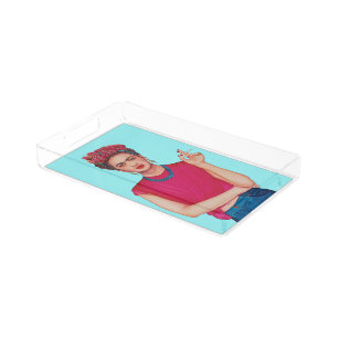 Woman like Kahlo in blue jeans oil painting Acrylic Tray