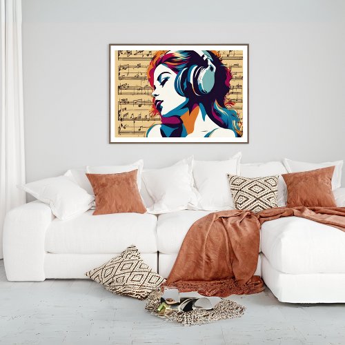 Woman Listens To Music In Headphones Poster