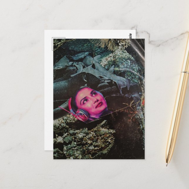Woman Listens to Music in the Sea With Sharks Postcard (Front/Back In Situ)