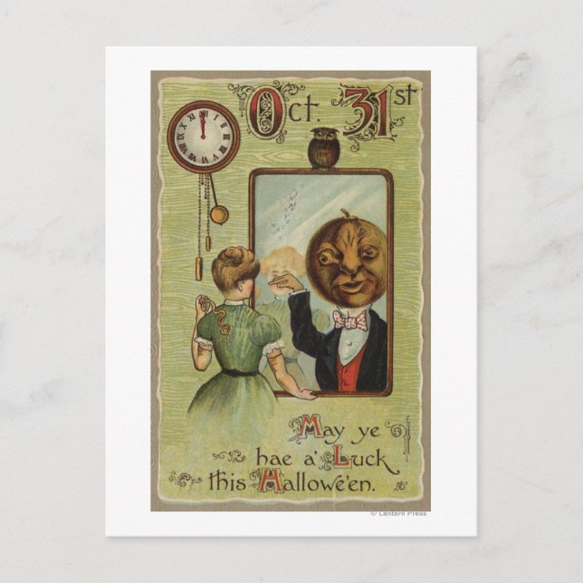 Woman Looking at Pumpkin Man in Mirror Postcard (Front)